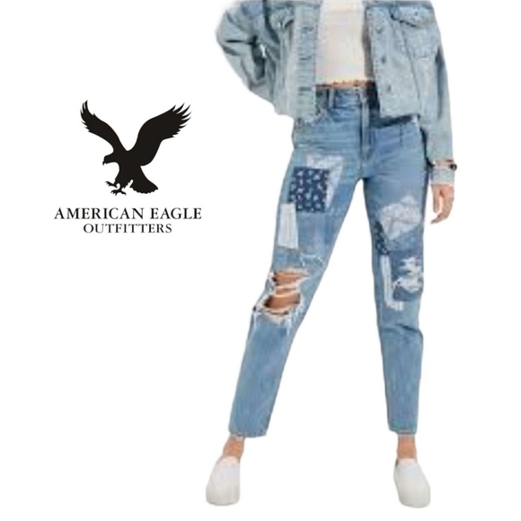 American Eagle High Rise Straight Leg- Quilt  Patch Mom Jeans - Picture 1 of 7